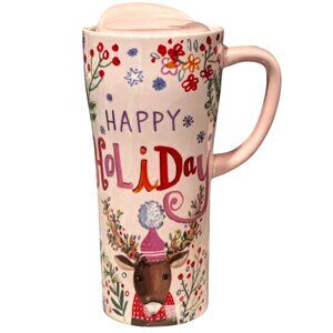 Tag Happy Holiday Reindeer Travel Mug Lid Tall Ceramic Pink Design Festive Cheer